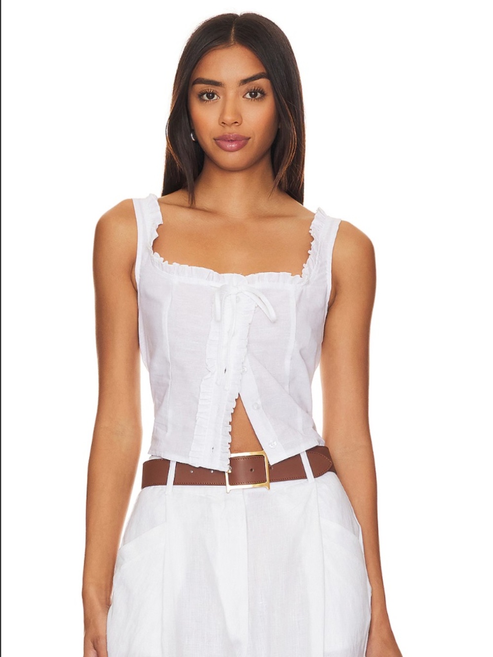 White Ruffle Tie-Front Linen Blend Tank Top SNDYS Cottage M